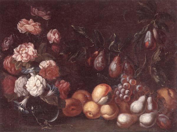 unknow artist Still life of Roses and convulvuli in a Glass vase,Together with peaches,grapes,pears and plums China oil painting art